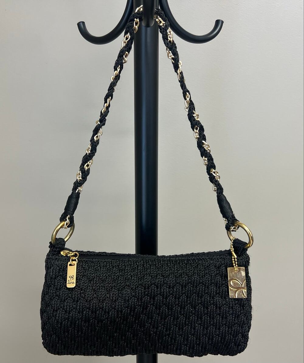 Lina Black Woven Crochet Baguette Shoulder Bag Gold Chain Strap Y2K